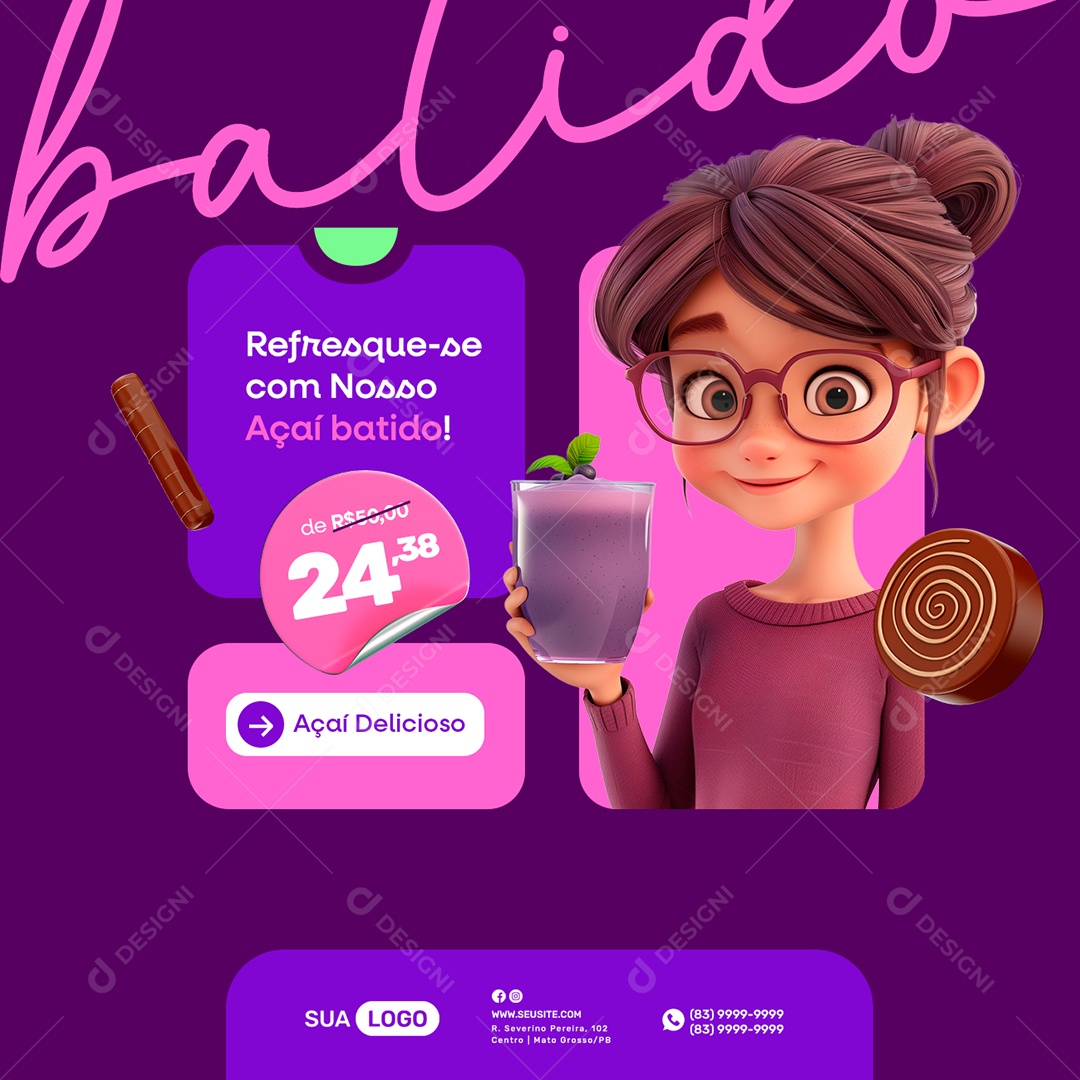 Açaiteria Copo de Açaí Refresque se Com Nosso Açaí Batido Social Media PSD Editável