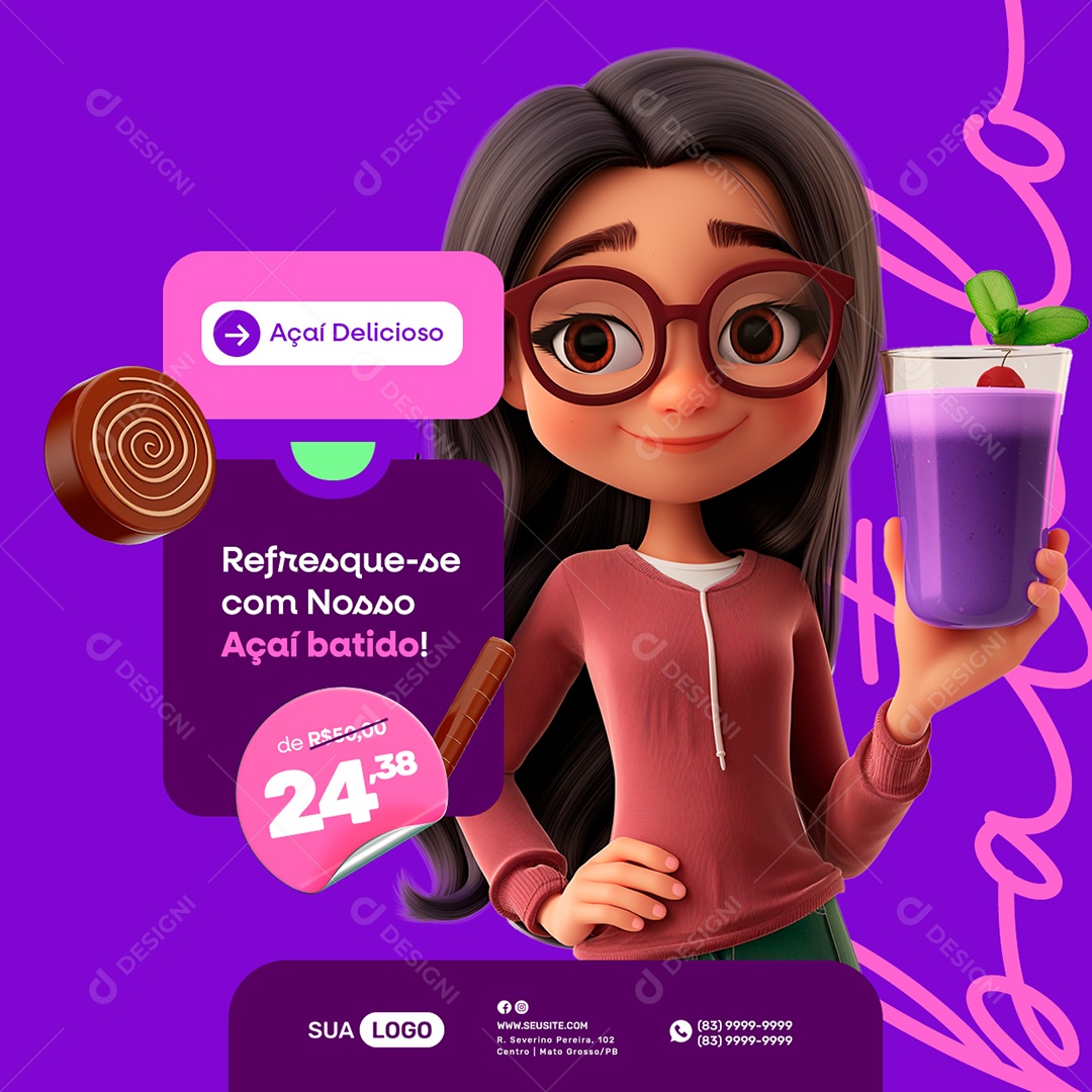 Açaiteria Refresque se Com Nosso Açaí Batido Social Media PSD Editável