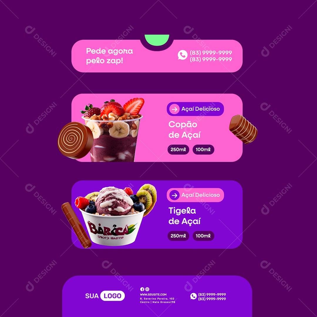 Açaiteria Copão de Açaí Tigela de Açaí Social Media PSD Editável