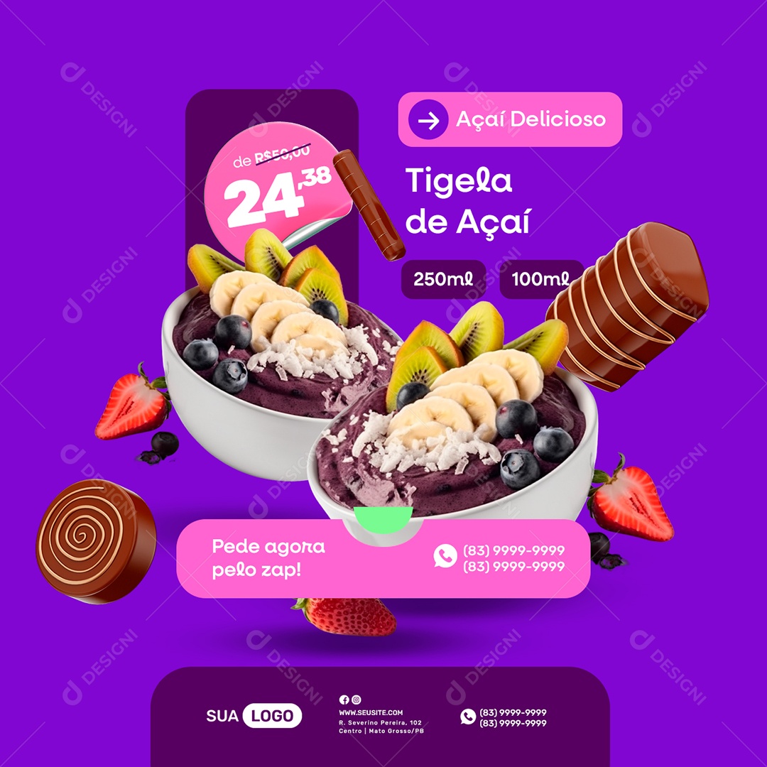 Açaiteria Tigela de Açaí Pede agora Pelo Zap Social Media PSD Editável