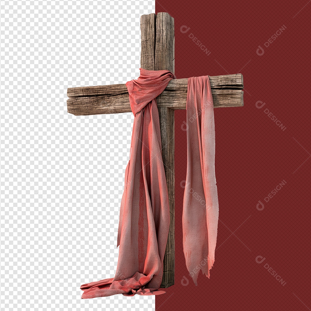 Cruz de Madeira Elemento 3D Vermelho para Composição PSD