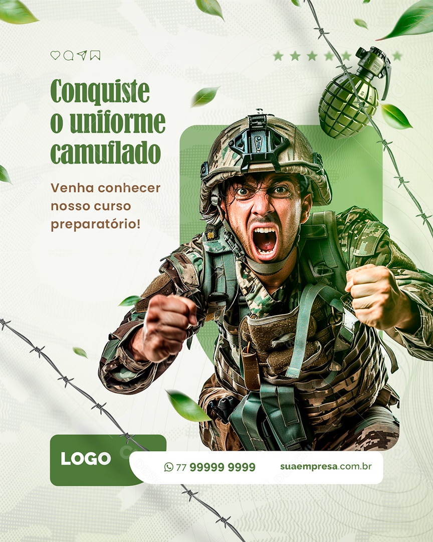 Curso Preparatório Militar Conquiste o Uniforme Camuflado Social Media PSD Editável