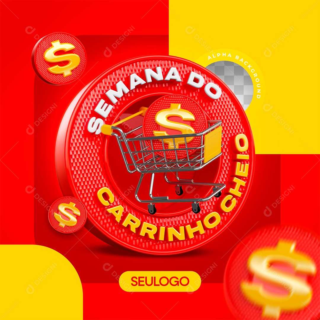 Semana do Carrinho Cheio Selo 3D Vermelho Amarelo e Branco para Composição PSD