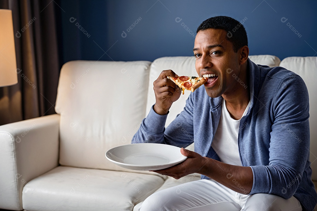 Um homem comendo uma fatia de pizza