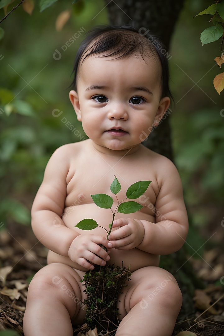 Bebê segurando uma planta para ser plantada