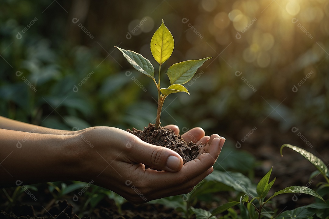 Mão segurando uma pequena planta a ser plantada