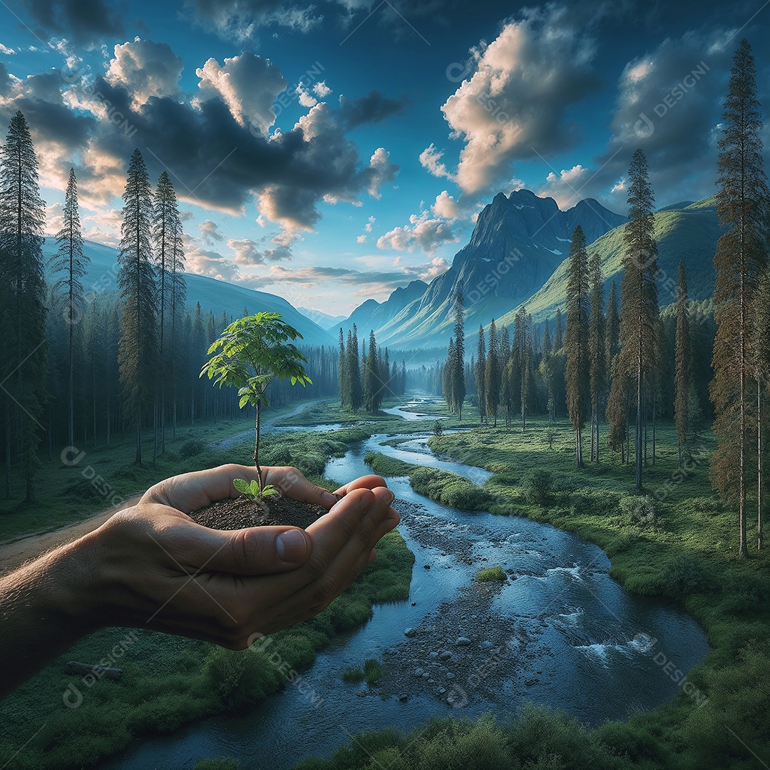 Numa paisagem natural deslumbrante uma mão segura com reverência uma pequena muda
