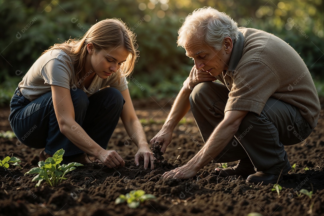 Pessoas plantando pequenas árvores e vegetais