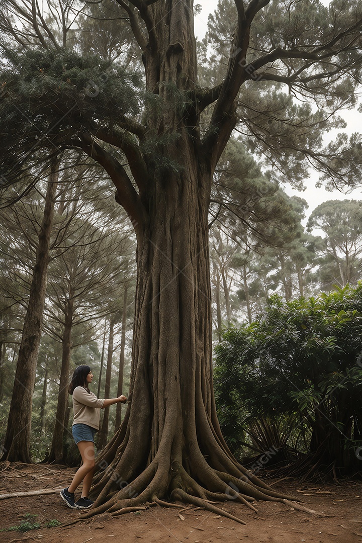 Woman next to a large tree in the middle of a forest
