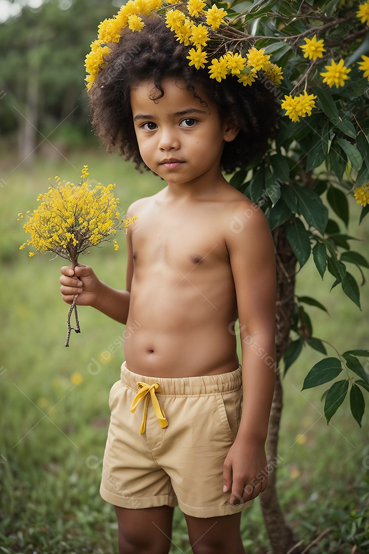 Menino com flores amarelas na cabeça segurando flores amarelas