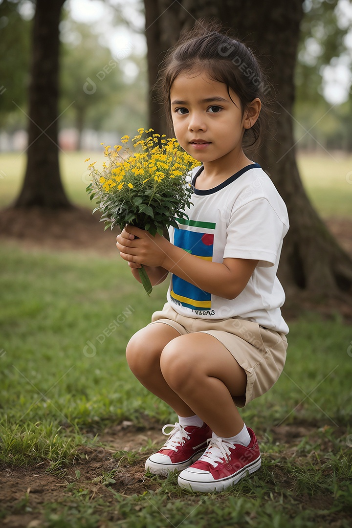 Menina criança segurando flores amarelas