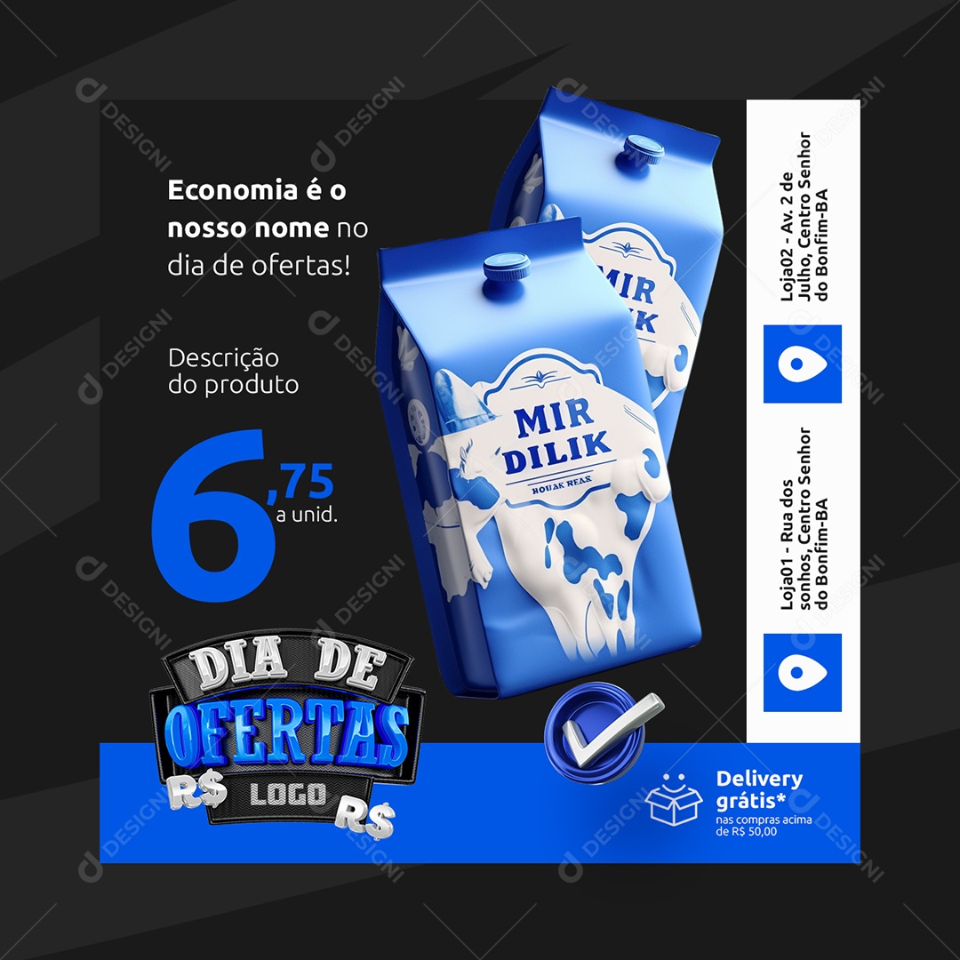 Dia de Ofertas Caixa de Leite Economia é o Nosso Nome Social Media PSD Editável