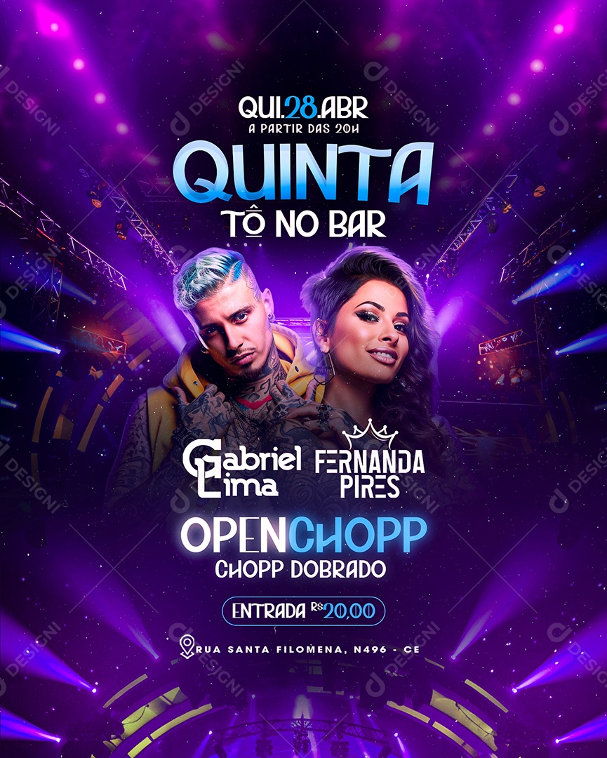 Flyer Quinta Tô no Bar Gabriel Lima Fernanda Pires Social Media PSD Editável