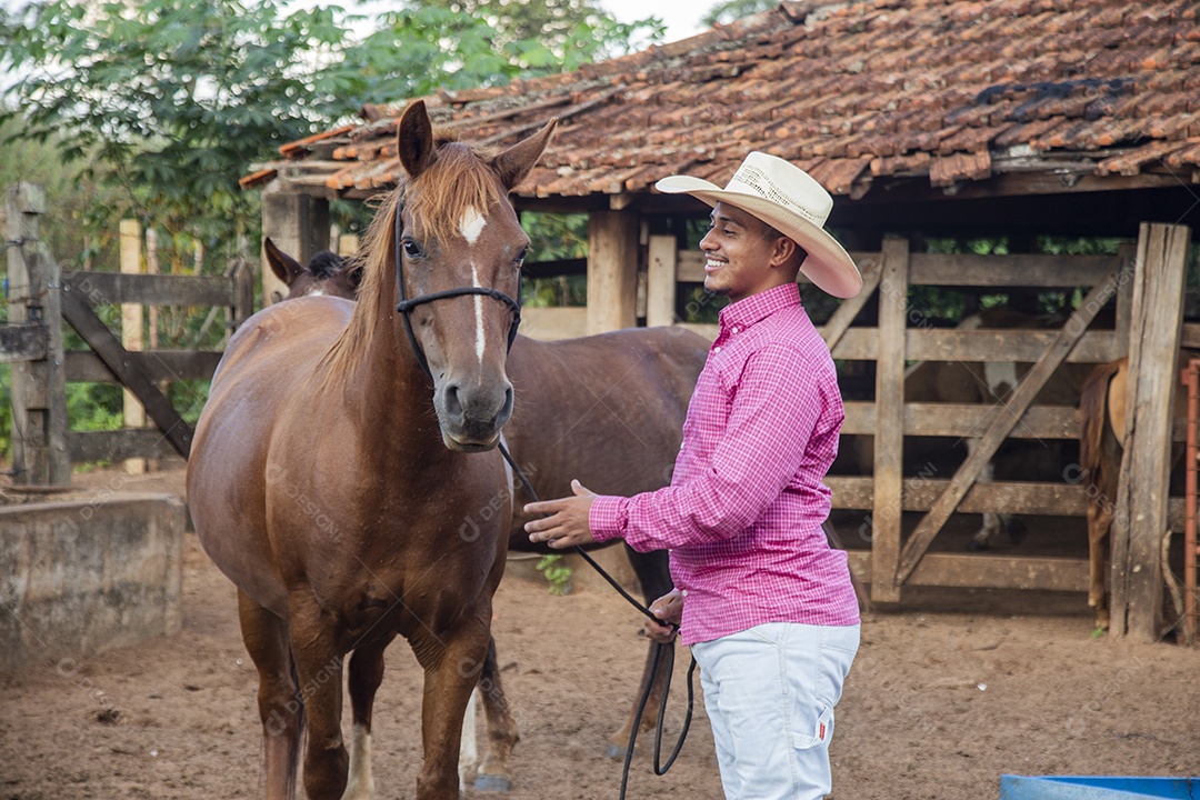 Homem jovem fazendeiro cuidando de seu cavalo