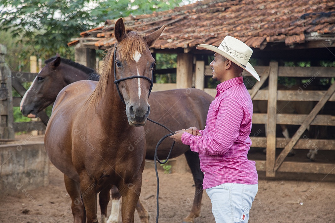 Homem jovem fazendeiro cuidando de seu cavalo