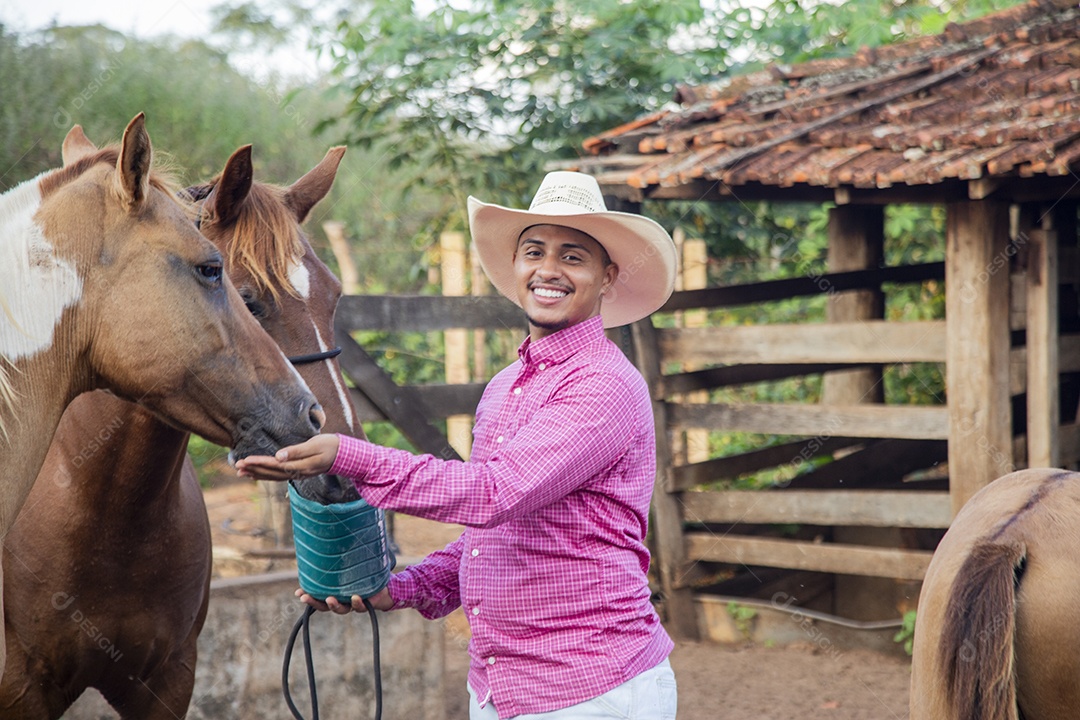 Homem jovem fazendeiro cuidando de seus cavalos