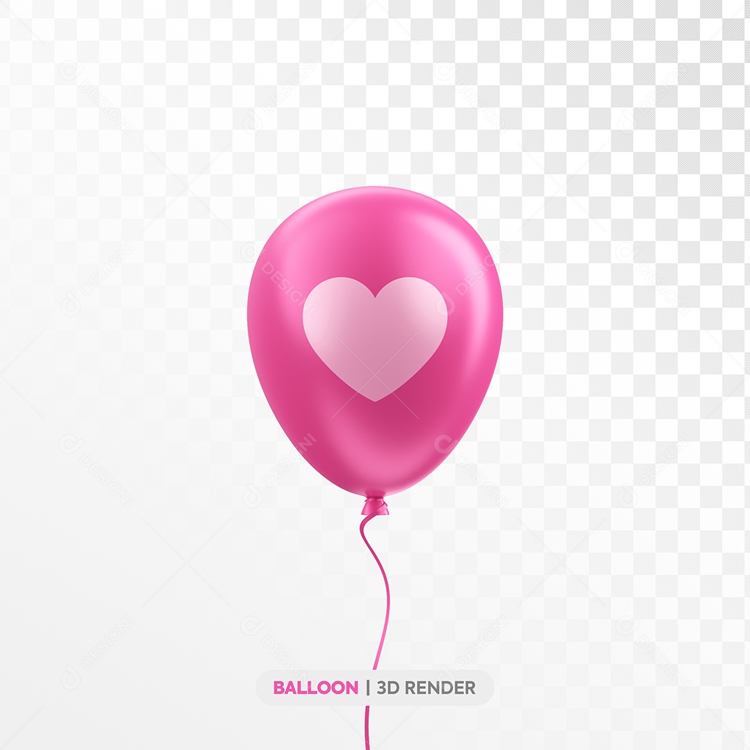 Balão Rosa com Coração Elemento 3D para Composição PSD