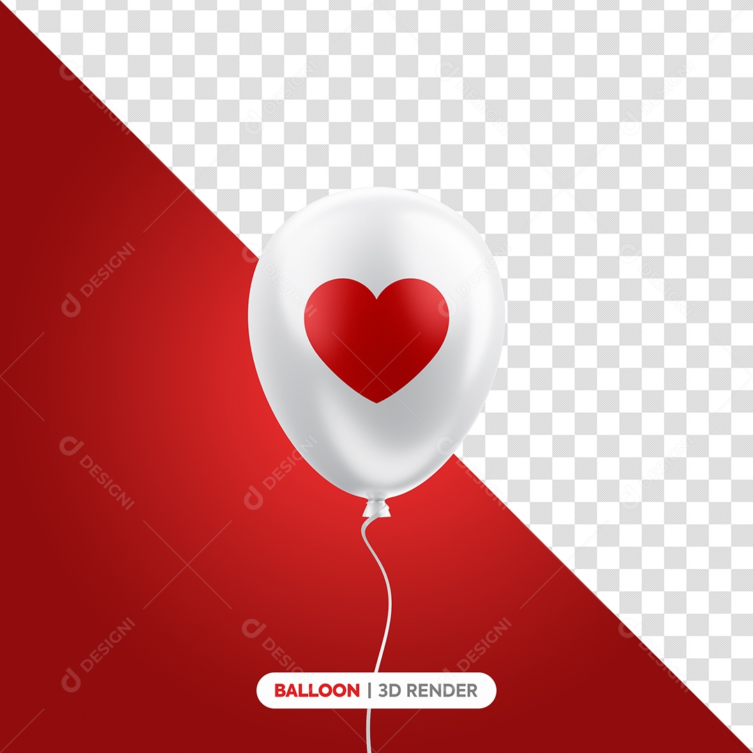 Balão Branco com Coração Vermelho Elemento 3D para Composição PSD