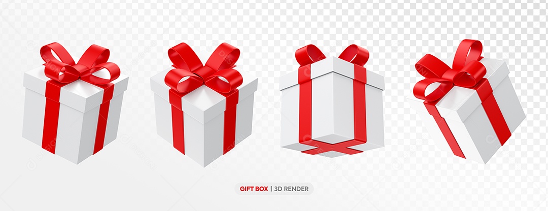 Caixas de Presentes com Fita Vermelha Elemento 3D para Composição PSD
