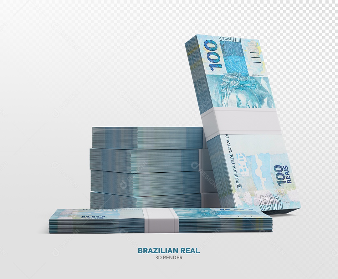 Pacotes de Cédulas Notas de Cem Reais Elemento 3D para Composição PSD