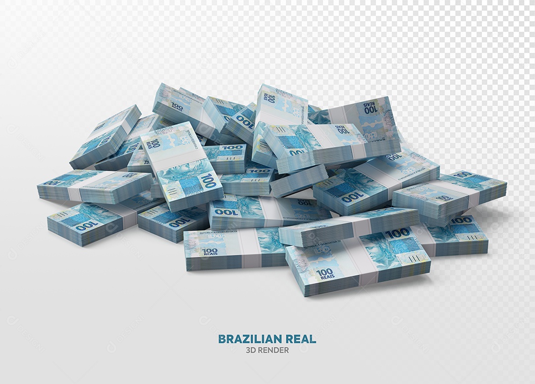 Elemento 3D Cédulas Vários Pacotes de Notas de Cem Reais para Composição PSD