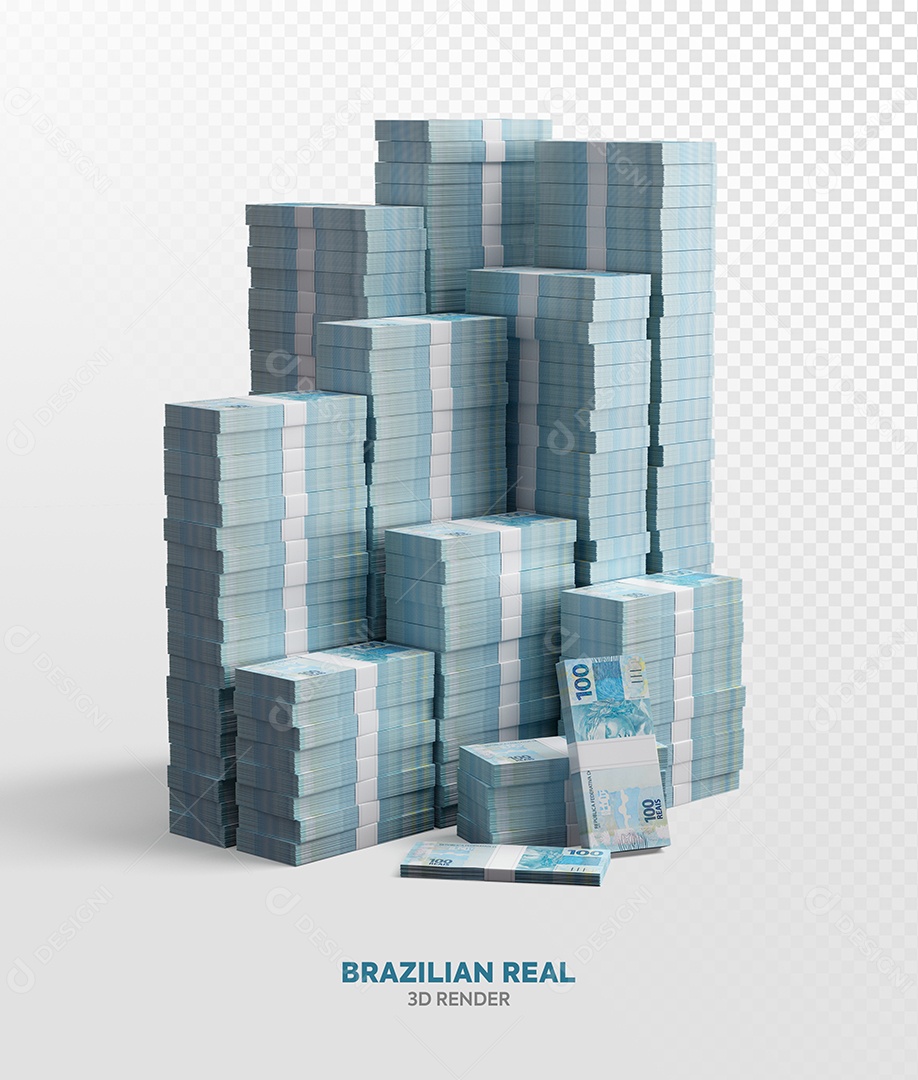 Cédulas Várias Pilhas de Notas de Cem Reais Elemento 3D para Composição PSD