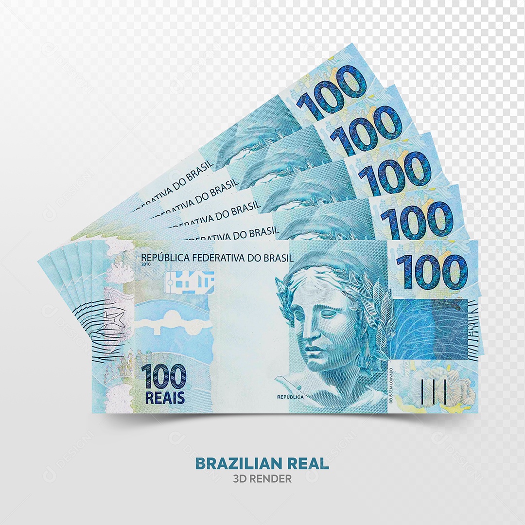 Elemento 3D Cédulas Cinco Notas de Cem Reais para Composição PSD