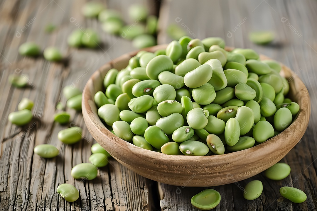 Feijão verde frescos sobre uma mesa de madeira