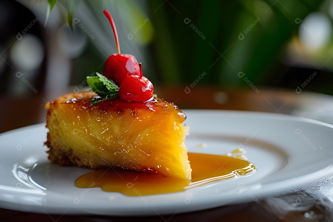 Deliciosa fatia de bolo de abacaxí sobre um prato