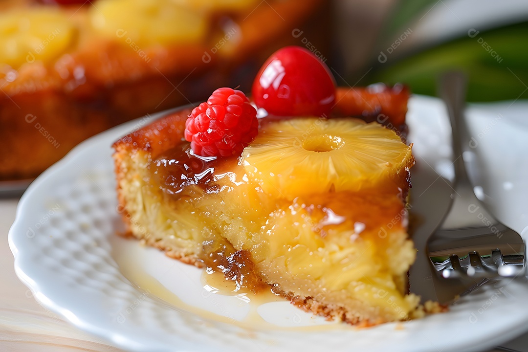 Deliciosa fatia de bolo de abacaxí sobre um prato