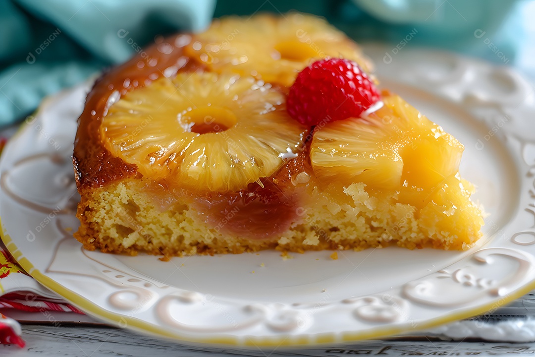 Deliciosa fatia de bolo de abacaxí sobre um prato