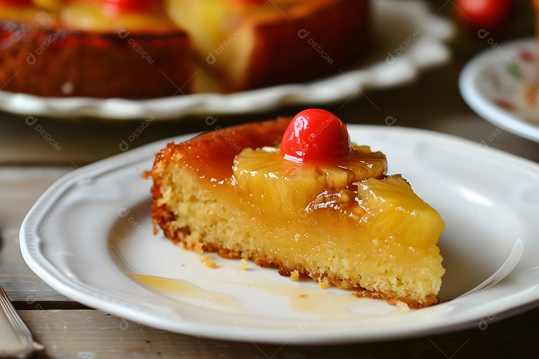 Deliciosa fatia de bolo de abacaxí sobre um prato