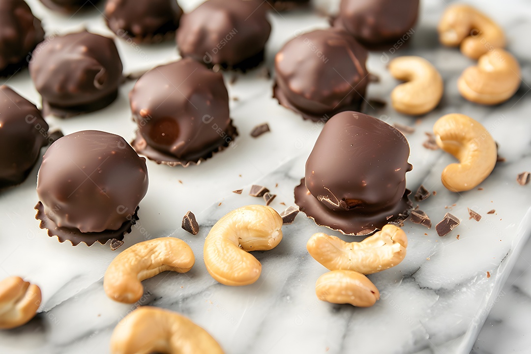 Deliciosas trufa de chocolate com castanhas sobre fundo desfocado