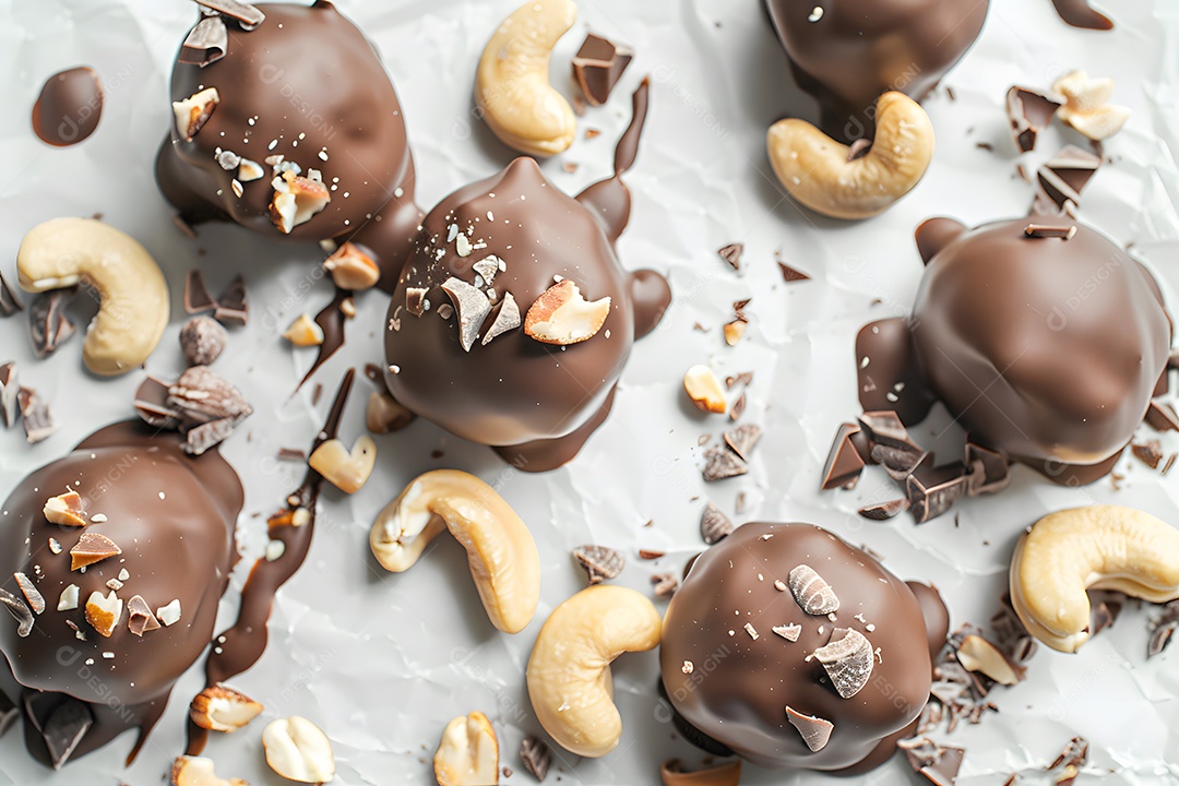 Deliciosas trufa de chocolate com castanhas sobre fundo desfocado