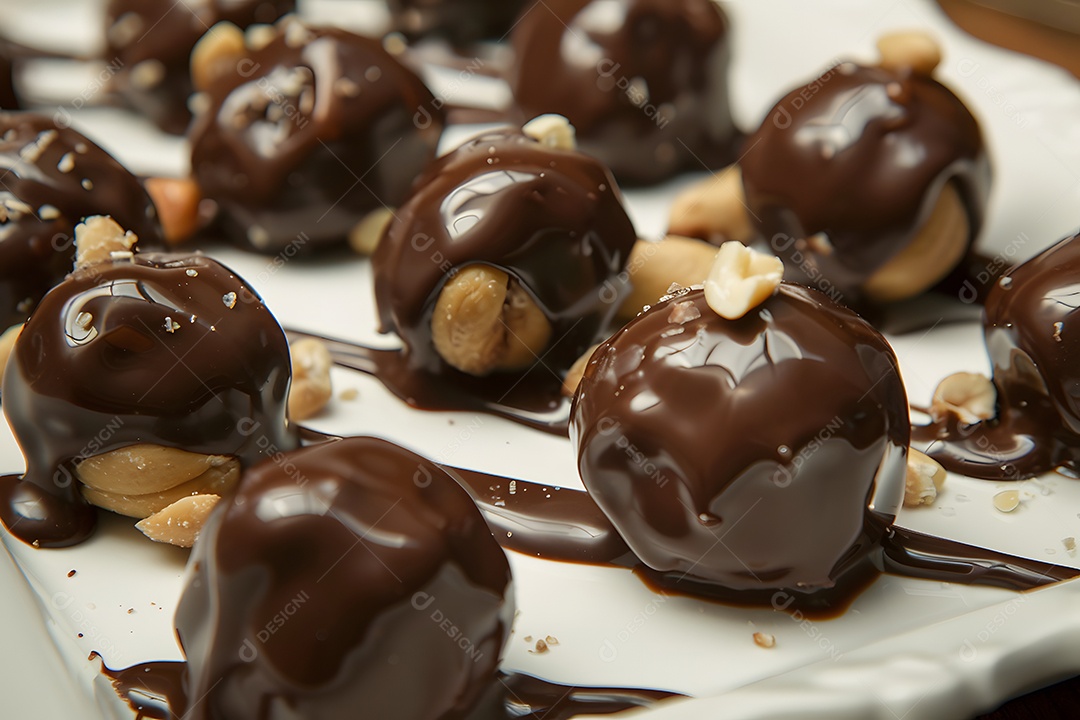 Deliciosas trufa de chocolate com castanhas sobre fundo desfocado