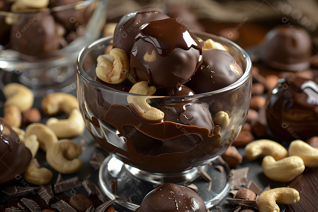 Deliciosas trufa de chocolate com castanhas sobre fundo desfocado