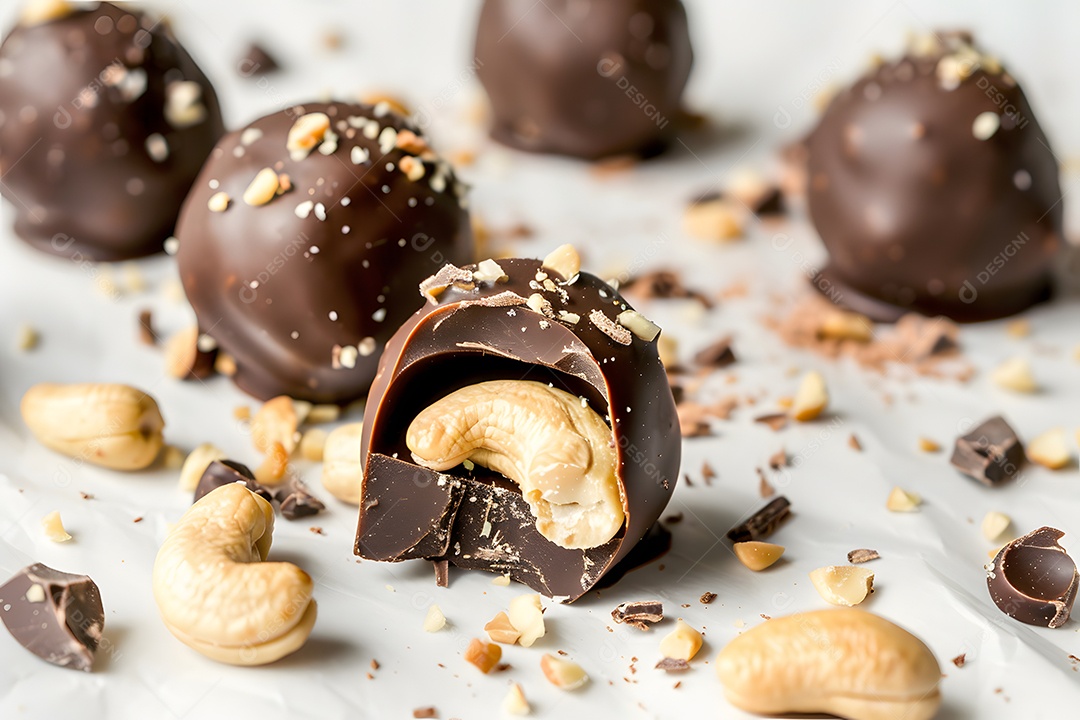 Deliciosas trufa de chocolate com castanhas sobre fundo desfocado