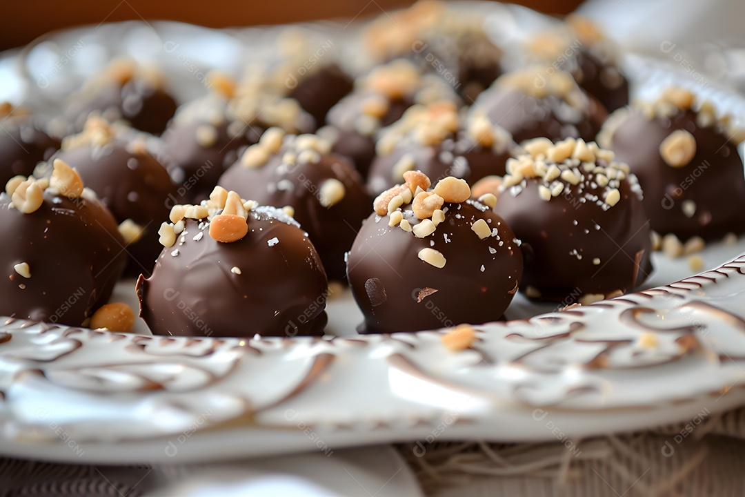 Deliciosas trufa de chocolate com castanhas sobre fundo desfocado