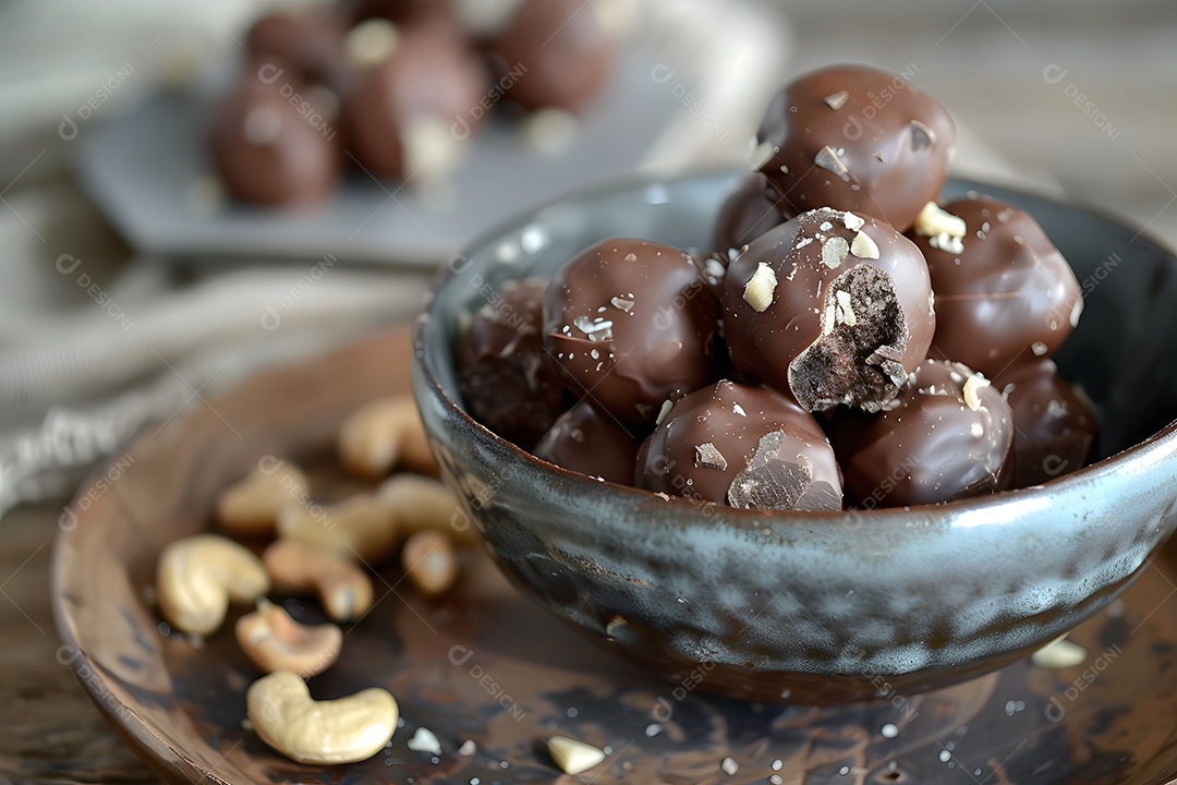 Deliciosas trufa de chocolate com castanhas sobre fundo desfocado