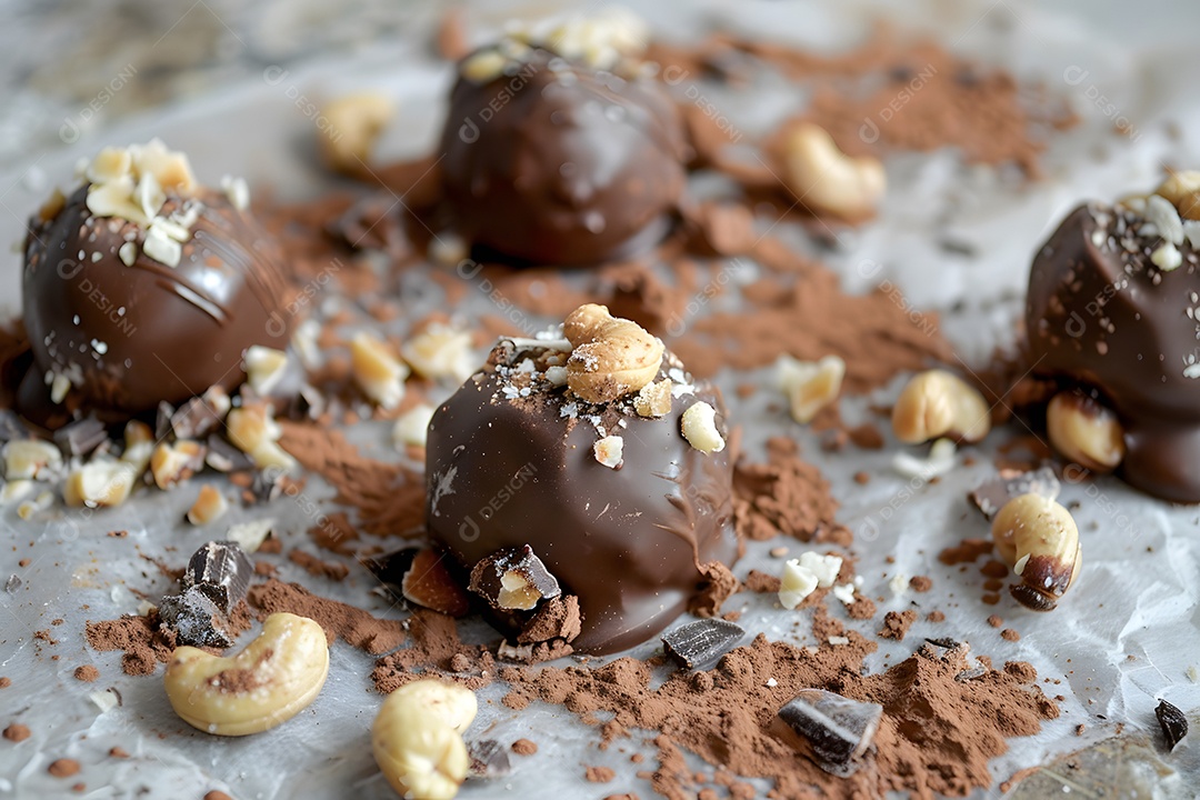 Deliciosas trufa de chocolate com castanhas sobre fundo desfocado
