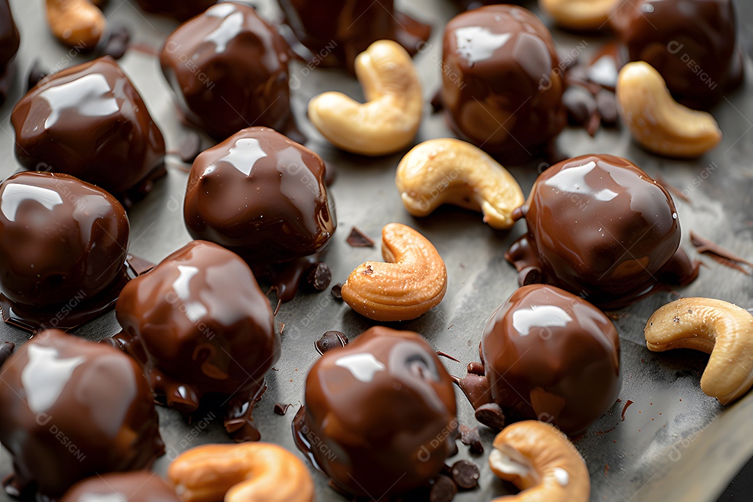 Deliciosas trufa de chocolate com castanhas sobre fundo desfocado