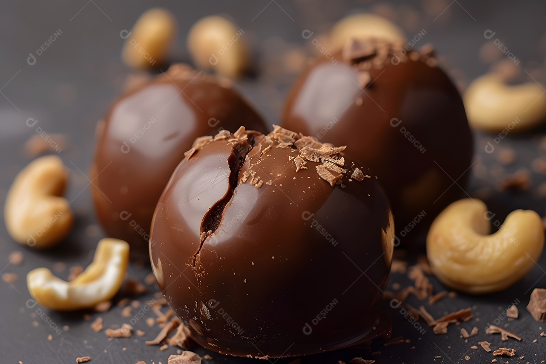 Deliciosas trufa de chocolate com castanhas sobre fundo desfocado