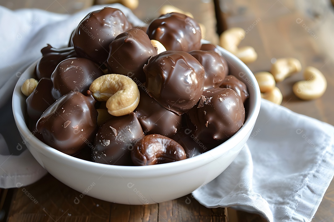 Deliciosas trufa de chocolate com castanhas sobre fundo desfocado