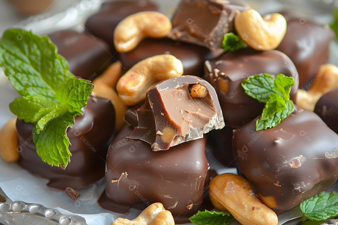 Deliciosas trufa de chocolate com castanhas sobre fundo desfocado