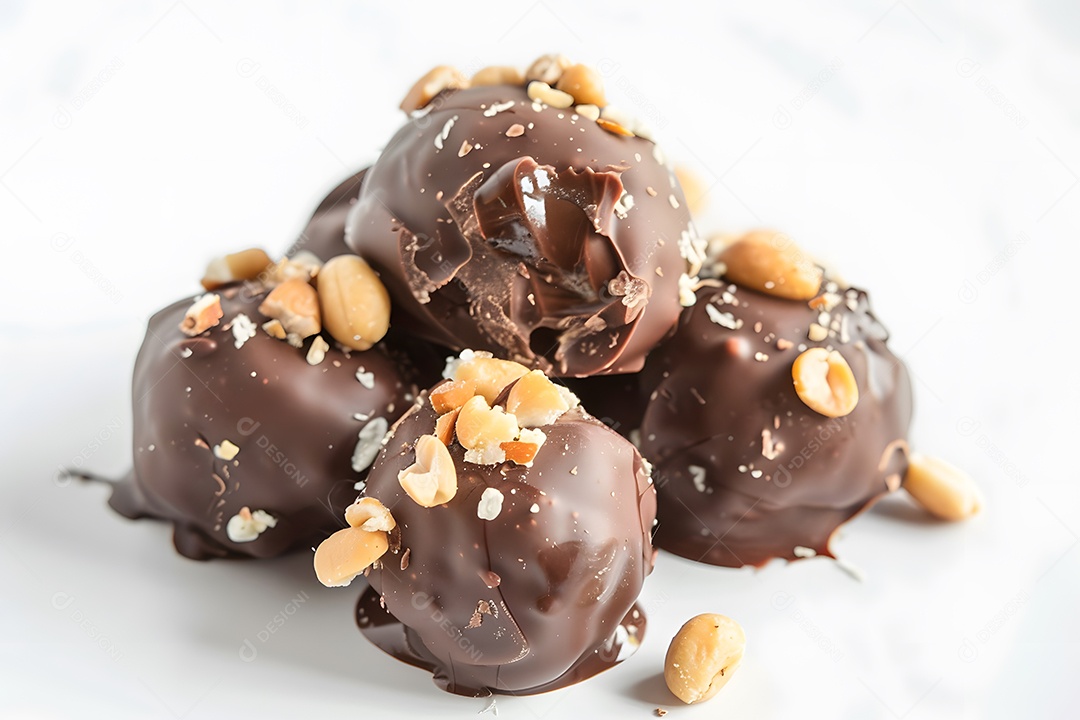 Deliciosas trufa de chocolate com castanhas sobre fundo desfocado