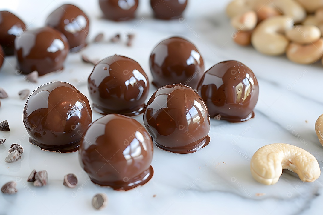Deliciosas trufa de chocolate com castanhas sobre fundo desfocado