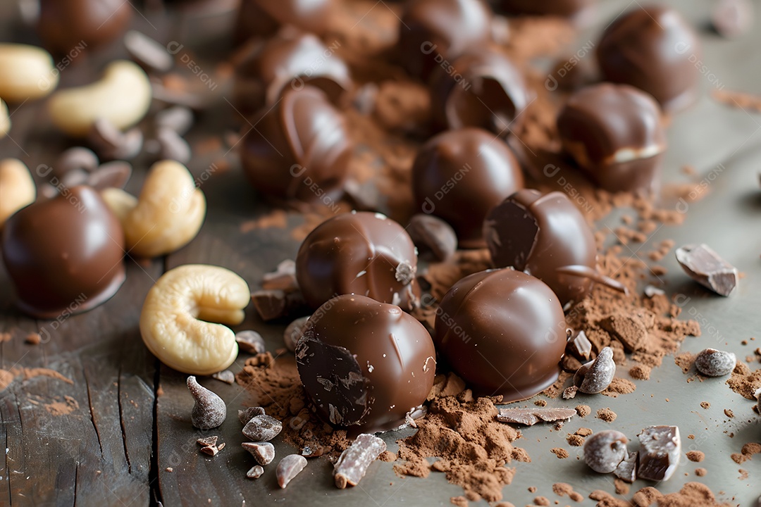Deliciosas trufa de chocolate com castanhas sobre fundo desfocado