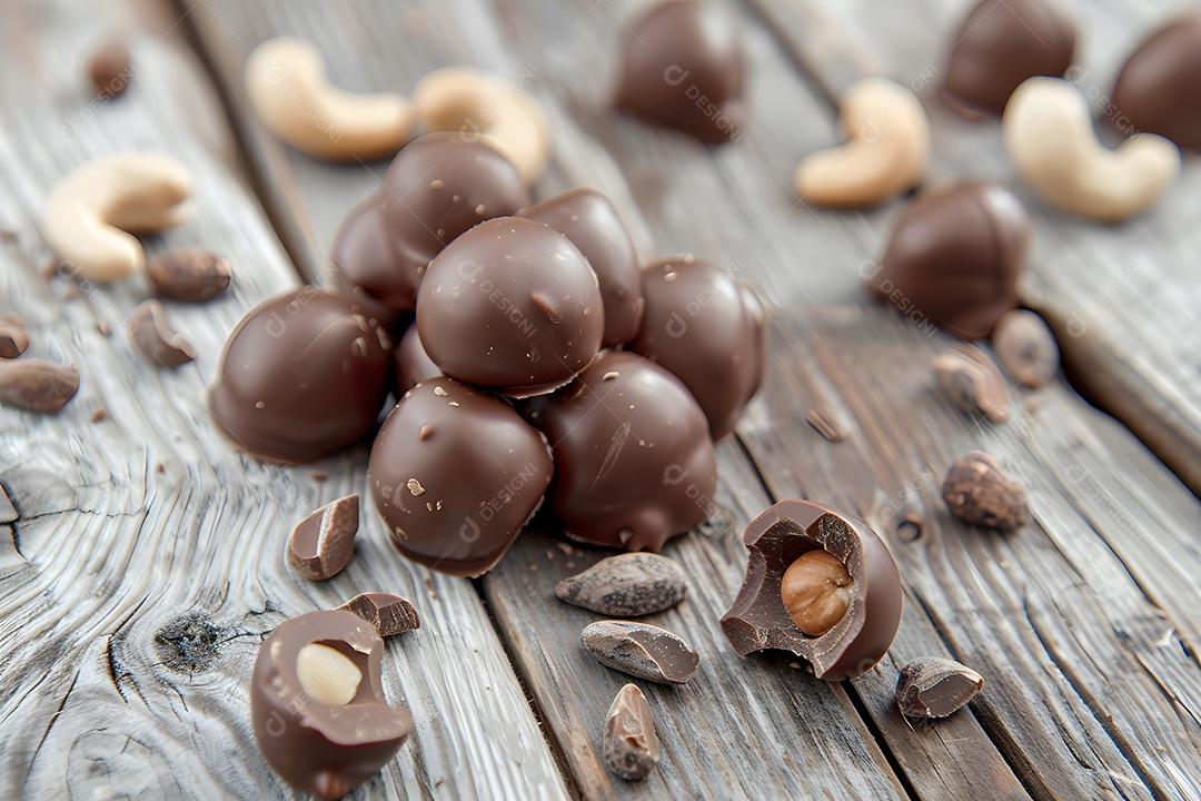 Deliciosas trufa de chocolate com castanhas sobre fundo desfocado