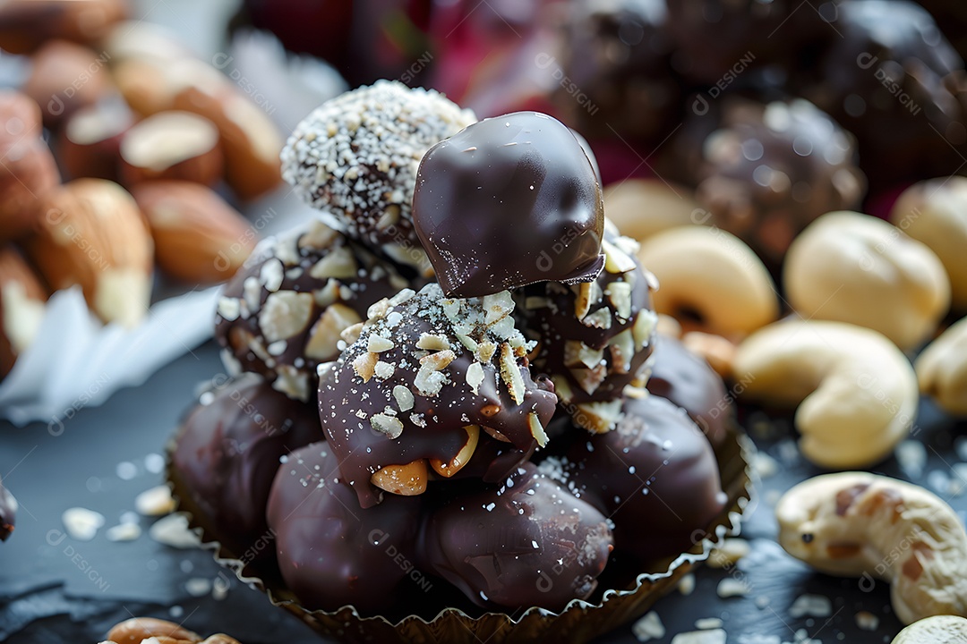 Deliciosas trufa de chocolate com castanhas sobre fundo desfocado