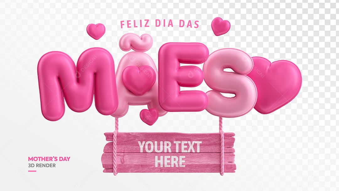Feliz Dia das Mães Selo 3D Rosa para Composição PSD